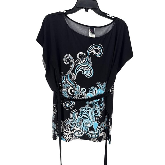 Wrapper Black Floral Tunic Top Size S Drawstring Hem Stretchy Casual Whimsygoth - Picture 2 of 6